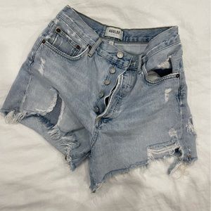 Agolde denim patchwork high rise shorts